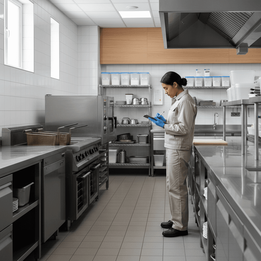 Commercial pest control inspection in business kitchen