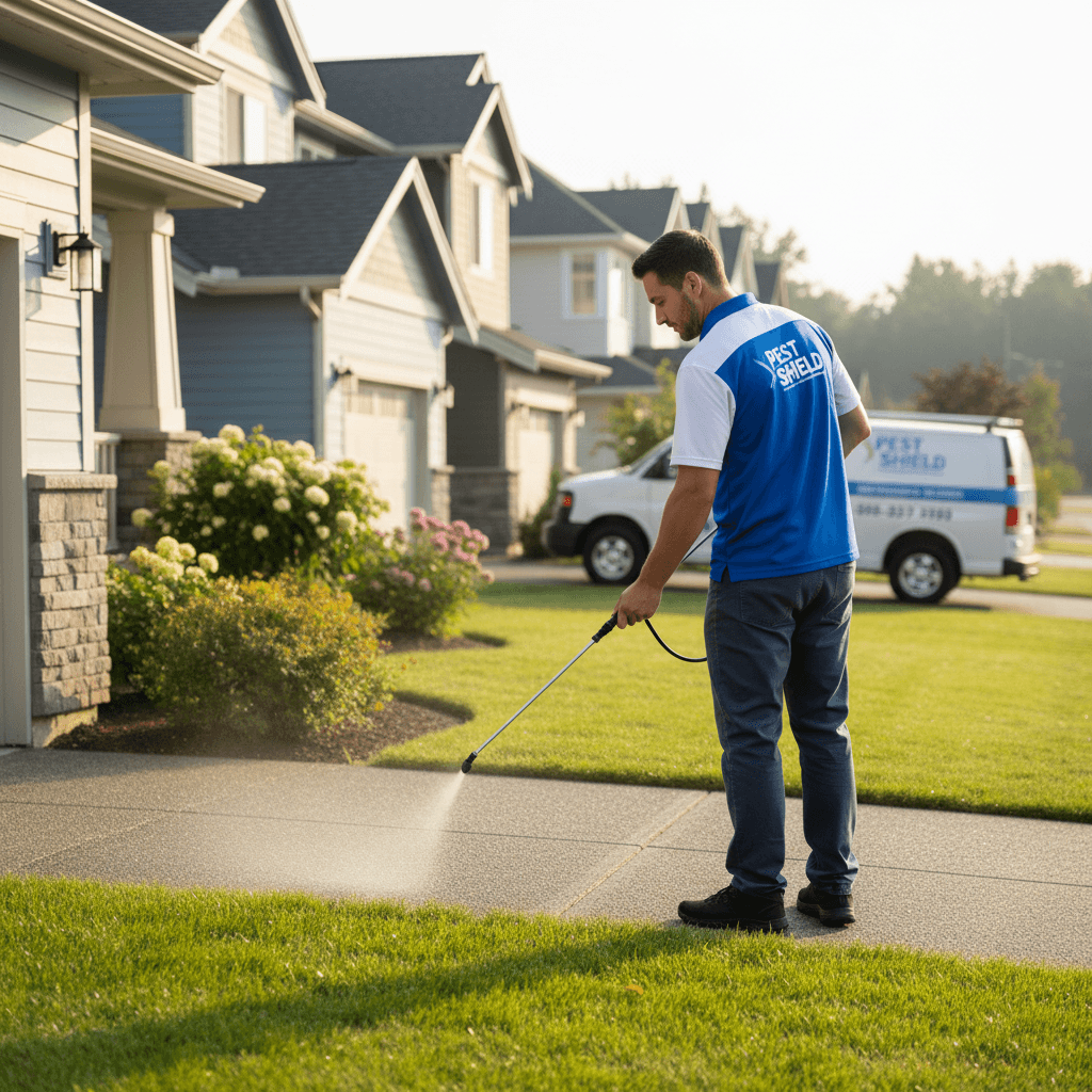 Pest control technician applying treatment to home exterior