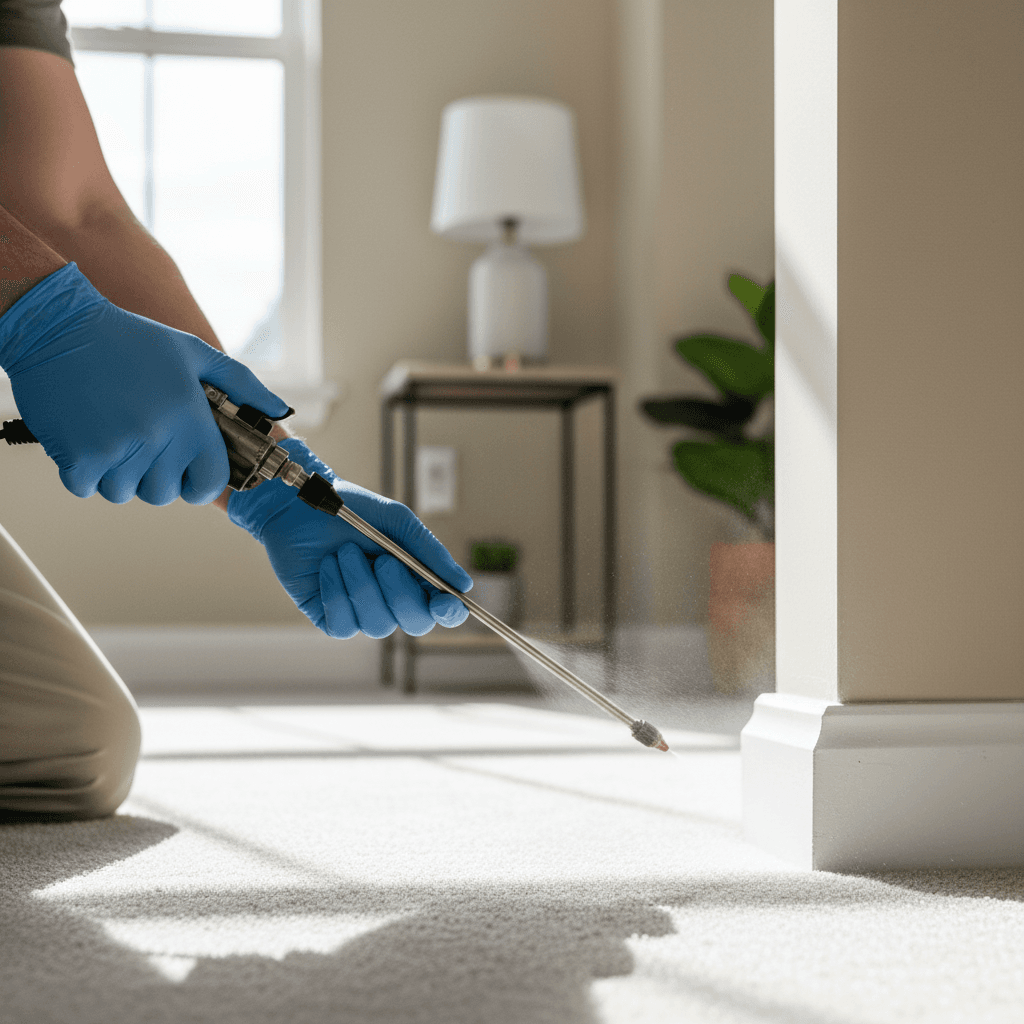 Pest control technician applying treatment to residential baseboard